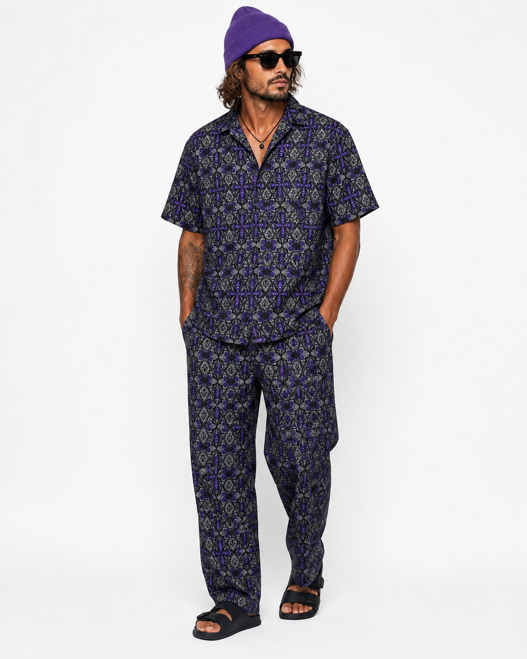 Lost in Mexico - Satin Collared Shirt - Mushroom Black Purple