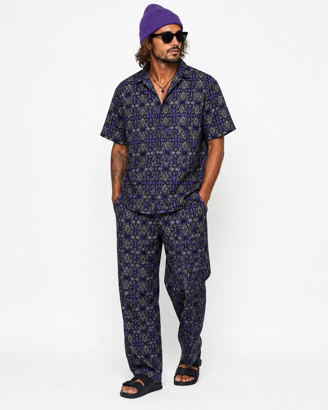 Lost in Mexico - Satin Collared Shirt - Mushroom Black Purple