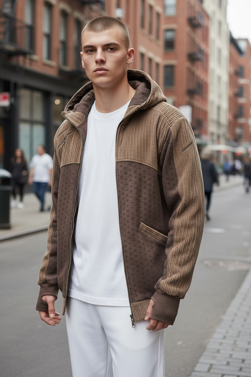 Hive Hoodie Corduroy Combo with Flower of Life print