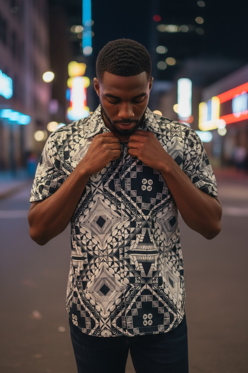 Lost in Mexico Satin Collared Shirt - GEO print