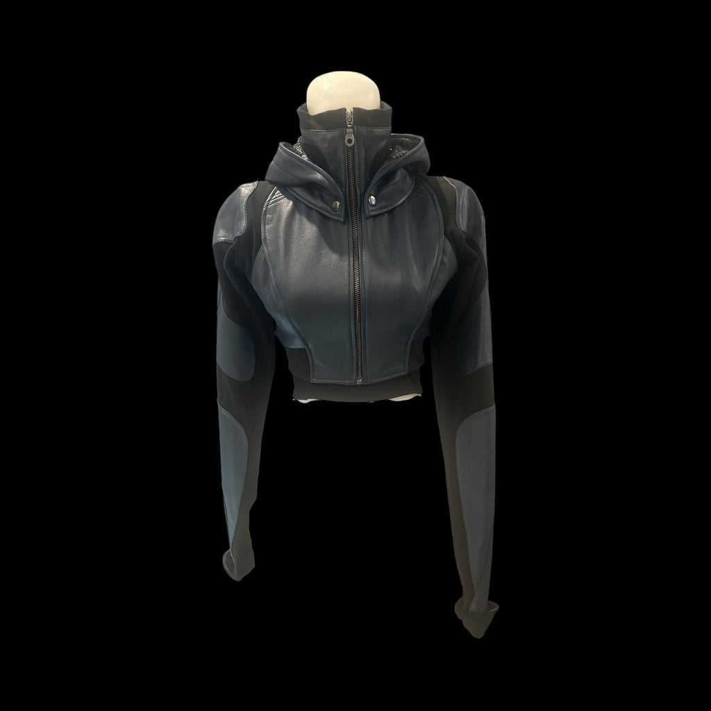 Freq G Hooded Crop Jacket - Leather - Deep Blue