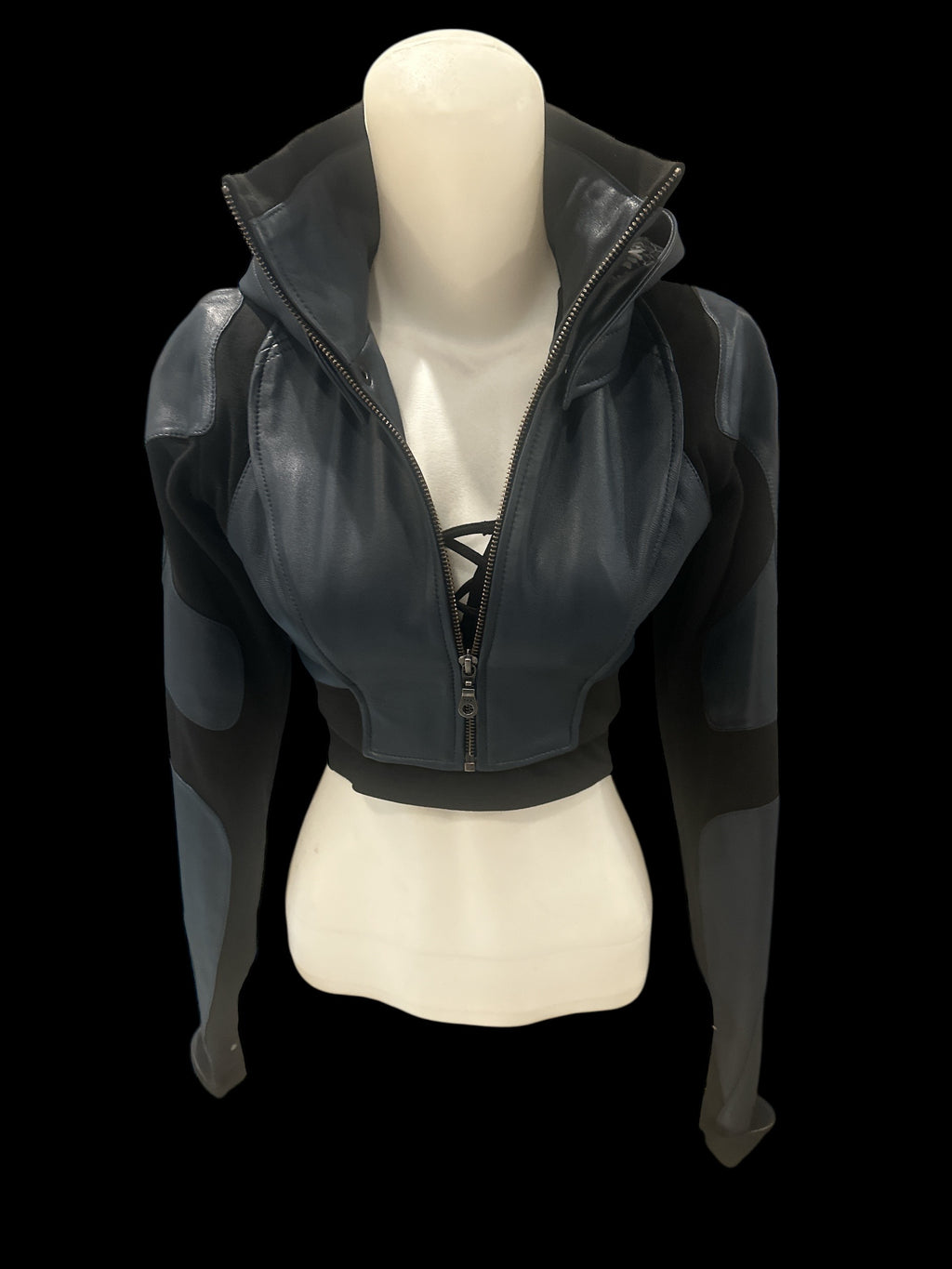 Freq G Hooded Crop Jacket - Leather - Deep Blue